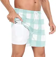 [GuoChe] Mens Beach Shorts Mens 2 Layer Workout Shorts Buffalo Plaid Light Blue with Compression Liner Inseam Board Shorts