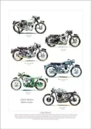 CLASSIC NORTON MOTOR CYCLES - Art Print A3 size - 16H Dominator 99 Manx 500T ES2