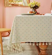 YUURAINVUVU Cream Table Cloth with Blue Daisy Floral, Cotton Linen Rustic Tablecloths Burlap Table Cloths for Kitchen Dining Christmas Table Cloth for Square Round Tables(55x55Inch)