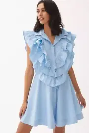 Anthropologie Maeve Women Blue Ruffled Button-Front Mini Classic Dress Sz 0 NWT