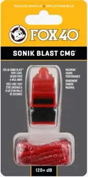 Fox 40 Sonik Blast CMG 3-Chamber Pealess Whistle + Lanyard, Red/Black
