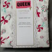 Papyrus Christmas Candy Cane Sheets peppermint Christmas NWT king set percale