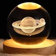 3D Saturn Crystal Ball Night Light Diameter 3.15, with LED Galaxy Lamp Wooden Base, USB Socket, Suitable for Bedroom Decoration, Table Ornaments, The Decor Great for Kids