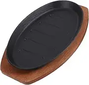 MOTHNUR 1set Cast Iron Steak Plate with Wooden Base Double Ear Griddle Pan for Outdoor Barbecue for Sizzling Steak and Easy to Clean Cooking