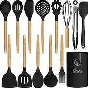 [oannao] Silicone Cooking Utensils Set Utensil Sets - 446°F Heat Resistant Silicone Kitchen Utensils Set Wooden Handles, Silicone Utensils for Cooking w Holder for Non-Stick Cookware BPA FREE (Black)