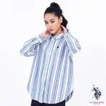 U.S. POLO ASSN. 女亞麻長袖襯衫（寬鬆版）-藍色條紋