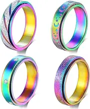 Hothink Anxiety Rings Fidget Rings for Women Spinner Rings for Teen Girls 4Pcs 6MM Rainbow Titanium Steel Rings Size 5-11