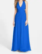 $395 Aidan Mattox Women's Blue V-neck Silk Chiffon Halter Gown Size 6