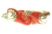 Bright Coral Orange Enamel Twin Snake Serpent Hinged 14K Gold Pearl Cuff Bangle