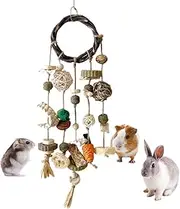 Bunny Chew Toy, Natural Applewood Bunny Boredom Breaker Treats Rattan Ring Chew Toys, Cage Hanging Toys with Snacks Grass Ball Carrot for Rabbits, Hamsters, Guinea Pig ﻿