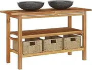 vidaXL Solid Teak Wood Vanity Cabinet - Dual Black Marble Sinks & Baskets - Handcrafted, Teak Bathroom Furniture - Farmhouse Style