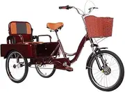 Elderly Rickshaw Tricycle with Pedals,Cargo Trike with Large Rear Cabin,Tandem Tricycle with Foldable Back seat,3 Wheels Bicycle,Cruiser Bike with Hydraulic Front Fork