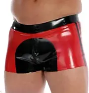 [DAIJES] Red and Black Sexy Latex Boxer Shorts with Strips at Two Sides Crotch Zippers Underwear Rubber Boyshorts Bottoms