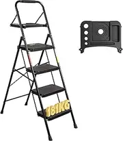 [BONTEC] 4 Step Ladder with Wide Anti-Slip Pedals, Folding Step Stool Capacity 181KG, Sponge Handrail, Strong and Solid Portable Ladder Suitable for Home, Kitchen, Pantry, Indoor/Outdoor Use, Black