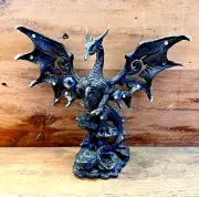 Dragon Black With Crystal Ball, Resin Statue 9" x 8"