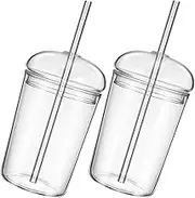 FONDOTIN 2Pcs Capacity Clear Glass Drinking Cups with Straws Reusable Tumbler for Juice Water and Smoothies for Home and Parties