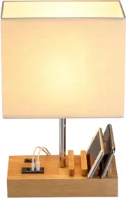 Modern USB Table Lamp with 3 USB A+C Ports, Phone Stands, and Wooden Base