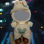 Labubuwa clothes 17CMlabubu clothes plush vinyl sitting party first, second, third generation for skirt set——colour:Beige teddy bear (jumpsuit+hat)