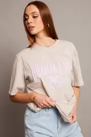 Beige Graphic Tee Short Sleeve - Size XS, Women's Graphic Tee