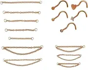 [NICENEEDED] 15 Pcs Nose Chain Nose Studs Set, Gold Nose Nostril Chain, Nose Piercing Jewelry Nose Tassel Ring Stud Double Nose Piercing Nostril Bridge Jewelry for Women Men, multisize, Metal, No