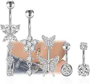 [TuseRxln] 5Pcs Belly Button Bars Set, Stainless Steel Belly Button Rings, Dangly Belly Button Bars, Heart Butterfly Belly Piercing Jewellery, Silver Belly Button Piercing Jewllery., 316 Stainless Steel