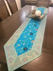 Blue Table Runner Silk Brocade 14 X 80 Inch Embroidery Blue and Gold Boho Gift