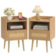 Night Stand Set of 2, Bedside Tables with Charging Station, Rattan End Natural