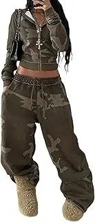 [Molilove] Womens 2 Piece Casual Outfit Camo Workout Hoodie Jacket Sweatsuits with Wide Leg Sweatpant Track Suits Lounge Sets