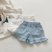 在飛比找momo購物網優惠-【MANI 瑪尼】女童牛仔短褲 木耳邊設計夏季牛仔短褲 荷葉