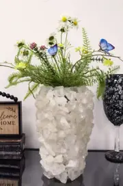 Pillar Quartz Crystal Mineral Stone Rocks Floral Vase Modern Accent Decor 12.5"H
