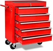 Red Steel Workshop Tool Trolley - 5 Lockable Drawers, Durable with Scratch-Resistant Surface, High Mobility with Swivel Castors and Convenient Side Handle - 690x330x772mm for Heavy Duty Use