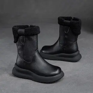 【Vecchio】真皮雪靴 厚底雪靴/真皮頭層牛皮復古加絨保暖純色厚底雪靴(黑)