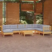 Patio Furniture Sets 9 Piece Garden Lounge Set with Grey Cushions Solid Pinewood