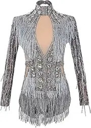 [YUANTONG] See Through Mesh Rhinestone Bodysuits For Women Sexy Fringe Leotard Drag Queen Outfit Long Sleeve Birthday Dance Carnival Costumes Grey