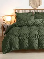 [NANKO] Olive Green California King Duvet Cover, 3pc Boho Tufted Microfiber Cal King Comforter Cover Set, All Season Aesthetic Shabby Chic Soft Embroidery Textured Geometric Quilt Cover 104x96 inches