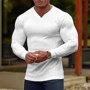 Men's T Shirt Ribbed Knit tee Tee Top Long Sleeve V Neck Summer Plain Pit Strip Fashion Designer Basic Vacation Street Going out Wine Black White Top Tee for M