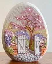 Ceramic Bisque Ready to Paint ~Small Whittled Egg with Sping Gate Scene~Lighted