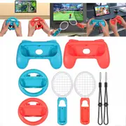 Pair Steering Wheel + Tennis Racket + Handle Grip Kit for Nintendo Switch Game