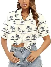 [Generic] Women's Short Sleeve T Shirt, Comfy Button Down T-Shirt,Soft Beach Summer Tops Blouses, Palm Mirage Silhouettes-50