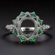 EMERALD DIAMOND VINTAGE STYLE SEMI MOUNT RING HALO WHITE GOLD SETTING CALIBRE