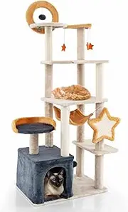 Costway 160cm Cute Cat Tree for Indoor Cats, Multi-Level Cat Tower w/Sisal Scratching Posts & Board, Condo, Plush Perch & Platforms, Hanging Toys, Spring Ball, Large Kitty Activity Center