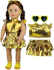 [Fengyue] Doll Metallic Shiny Skater Shirt Dress Set, Gold Flutter Sleeve Set, One Size