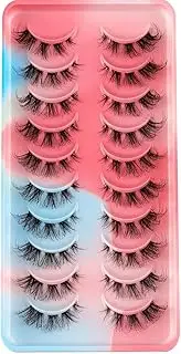 Clear Band Eyelashes Russian Volume Fluffy Strip Lashes D Curl Natural Cluster Volume Eyelash Set,10 Pair Natural 3D Mink Eyelashes (AD14)