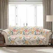 [Lush Decor] Sydney Furniture Protector, Couch Cover, 116" W x 75" L, Blue & Yellow - Flower Leaf Garden - Quilted Floral Sofa Cover - Country Cottage Slipcover - Pet Couch Covers