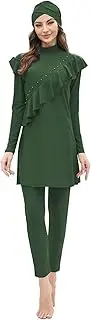 [OBEEII] Women's Muslim Swimsuit Islamic Arabic Long Sleeve Swimming Tops + Swimming Trunks + Hijab 3-Piece Burkini Swimsuit
