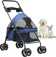Oppsbuy Pet Stroller 4 Wheels Foldable Cat Dog Stroller Pet Carrier for Small Medium Waterproof Pet Travel Carrier with Cup Holder