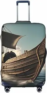[HTTUP] Old Viking Boat Print Practical Elastic Washable Travel Luggage Cover with Concealed Zipper for Suitcases, White, Medium