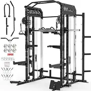 Mikolo Smith Machine, Multi-Function Power Cage with Dual Pulley System, Vertical Leg Press Attachment, Squat Rack Power Rack with More Training Attachment for Home Gym