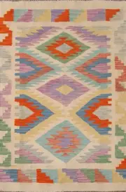 Hand-Woven Geometric Wool Carpet Multicolor Kilim Oriental Accent Rug 3x5