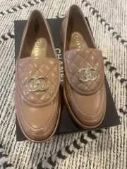 Brand New Chanel Lambskin Quilted CC Turnlock Loafers Size 38 Beige
